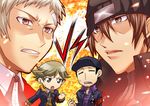  amada_ken aragaki_shinjirou armband bandages beanie brown_eyes brown_hair chibi closed_eyes hat iori_junpei male_focus multiple_boys persona persona_3 sanada_akihiko school_uniform segami_daisuke sweatdrop trench_coat vs white_hair 