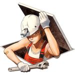  bandaid bandaid_on_arm bolt gloves hardhat helmet looking_at_viewer male_focus mouth_hold nakada_daisuke original overalls solo trap_door wrench 