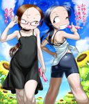  antenna_hair ass bare_shoulders bike_shorts biting black_hair blush boro brown_hair choker copyright_request dress flat_chest flower forehead futaba_channel glasses grin hand_on_hip looking_back multiple_girls navel one_eye_closed shirt smile sunflower tan tanline tied_shirt translation_request tupet 