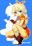  1girl blonde_hair blue_eyes boots chrono_(series) chrono_cross female full_body gloves jacket jewelry kid_(chrono_cross) long_hair miniskirt necklace nephilimax ponytail skirt solo squat squatting 