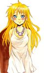  alternate_costume arms_behind_back beads blonde_hair blue_eyes blush breasts chrono_cross dress facial_mark hair_down highres jewelry kid_(chrono_cross) long_hair medium_breasts necklace smile solo tusia white_dress work_in_progress 