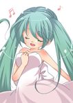  aqua_hair bad_id bad_pixiv_id closed_eyes dress hand_on_own_chest hatsune_miku long_hair musical_note ryuuga_sazanami simple_background solo twintails vocaloid 