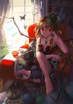  absurdres barefoot blonde_hair book bug bunny butterfly cat crown flandre_scarlet highres insect mask red_eyes saber_01 short_hair sitting slit_pupils solo stuffed_animal stuffed_toy touhou wings 