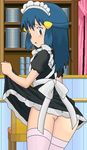  1girl artist_request ass blue_eyes blue_hair bow cup cups female hikari_(pokemon) indoors kuro_hopper maid no_panties plate plates pokemon solo up_skirt upskirt 