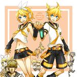  1girl aqua_hair banana blonde_hair brother_and_sister chibi food fruit hair_ornament hair_ribbon hairclip headphones headset holding_hands kagamine_len kagamine_rin orange ribbon short_hair siblings smile twins vocaloid yummy_(yumyumyummy) 