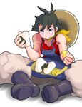  alternate_costume androgynous black_hair boots eating food fu_(oufu) hat jumpsuit makoto_(street_fighter) muscle solo street_fighter street_fighter_iv_(series) tomboy 