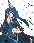  bare_shoulders blue_eyes blue_hair bow bridal_gauntlets foreshortening hair_bow highres katana knife long_hair mouth_hold original outdoors sheath solo sword vane weapon 