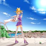  blonde_hair blue_eyes circle_a cityscape cloud contemporary day eyes frog hand_on_headwear hat highres legs lens_flare looking_back moriya_suwako older shoes short_hair sky sneakers solo teenage thighhighs touhou white_legwear wristband 