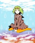  eyewear_on_head feet fork glasses green_eyes green_hair gumi kca orange_legwear pantyhose school_uniform short_hair sitting sky solo tears vocaloid yowamushi_mont-blanc_(vocaloid) 