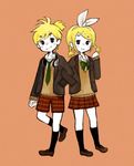  1girl black_legwear blush_stickers bow bowtie braid brother_and_sister full_body green_bow green_neckwear hair_ornament hairclip hand_in_pocket headphones headphones_around_neck hoshimura_sora kagamine_len kagamine_rin leg_up loafers locked_arms looking_at_viewer necktie orange_background plaid plaid_shorts plaid_skirt shoes short_hair short_twintails shorts siblings skirt smile standing standing_on_one_leg twin_braids twins twintails vocaloid 