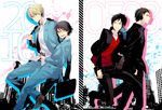  backpack bad_id bad_pixiv_id bag black_hair blonde_hair brown_eyes brown_hair casual durarara!! glasses heiwajima_shizuo kadota_kyouhei kishitani_shinra male_focus multiple_boys orihara_izaya red_eyes school_uniform smile xia_(ryugo) 