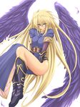  angel_wings bad_id bad_pixiv_id blonde_hair boots breasts breath_of_fire breath_of_fire_ii gauntlets green_eyes highres knee_boots large_breasts legs long_hair long_legs nina_(breath_of_fire_ii) purple_wings sato_toshiya side_slit smirk solo thighs wings 