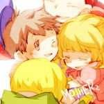  3boys black_eyes black_hair blonde_hair hat hug jeff_andonuts lowres mother_(game) mother_2 multiple_boys ness one_eye_closed paula_(mother_2) poo_(mother_2) smile sunaosunao tears 