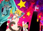  &gt;_&lt; 2girls :d animal_ears aqua_eyes ass azu_(toulove) bad_id bad_pixiv_id banana bell bell_collar blonde_hair blood blush bow cat_ears closed_eyes collar food fruit hair_bow hair_ribbon hatsune_miku jingle_bell kagamine_len kagamine_rin kaito magical_nuko-lenlen_(vocaloid) multiple_boys multiple_girls nosebleed nude open_mouth otoko_no_ko ribbon smile staff star stick_figure tail tears vocaloid xd 