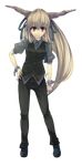 alternate_costume blonde_hair contemporary cuffs full_body ghost_in_the_shell ghost_in_the_shell_stand_alone_complex gun highres horns ibuki_suika kingumokemoke long_hair necktie parody red_eyes solo standing touhou transparent_background weapon 