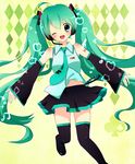  ahoge aqua_eyes aqua_hair bad_id bad_pixiv_id detached_sleeves hatsune_miku headphones headset long_hair necktie one_eye_closed purin_jiisan skirt smile solo thighhighs very_long_hair vocaloid zettai_ryouiki 