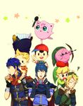  azkn belt black_eyes black_hair blonde_hair blue_eyes blue_hair bow_(weapon) cape carrying copy_ability earrings fire_emblem fire_emblem:_monshou_no_nazo fire_emblem:_souen_no_kiseki gen_1_pokemon gloves hat headband ike jewelry jigglypuff kirby kirby_(series) link lucas marth meta_knight microphone mother_(game) mother_2 mother_3 multiple_boys ness pointy_ears pokemon pokemon_(creature) shoulder_carry smile super_smash_bros. sword the_legend_of_zelda tiara toon_link v weapon 