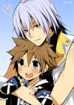  aqua_eyes bad_id bad_pixiv_id blue_eyes blush brown_hair fingerless_gloves gloves kingdom_hearts kingdom_hearts_ii kl male_focus multiple_boys open_mouth riku silver_hair sora_(kingdom_hearts) yaoi 