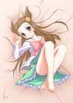  :o bad_id bad_pixiv_id barefoot bed_sheet brown_eyes brown_hair dress feet griefwear hair_ribbon highres long_hair lying mikan_(pokemon) on_back open_mouth pokemon pokemon_(game) pokemon_hgss ribbon solo two_side_up 