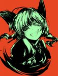  animal_ears braid cat_ears crazy_eyes face green grin kaenbyou_rin monochrome neichiru red_background ringed_eyes slit_pupils smile solo touhou twin_braids upper_body 