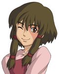  brown_eyes brown_hair face gedo_senki kei_(bekei) one_eye_closed sidelocks simple_background smile solo therru 