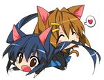  animal_ears bad_id bad_pixiv_id biting biting_hair black_hair blush brown_eyes brown_hair cat_ears chibi closed_eyes fang hair_ornament hairclip hirasawa_yui k-on! long_hair maetaku multiple_girls nakano_azusa open_mouth pantyhose short_hair tears twintails 