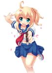  ahoge aqua_eyes blonde_hair foreshortening goku_pen! komone_ushio midriff navel no_socks open_mouth outstretched_arm outstretched_hand pen petals ponytail school_uniform serafuku shoes simple_background smile solo standing standing_on_one_leg uwabaki 