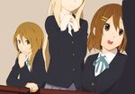  bad_id bad_pixiv_id baraki_kou blazer blonde_hair brown_eyes brown_hair chin_rest extra hair_ornament hairclip hirasawa_yui jacket k-on! kotobuki_tsumugi long_hair multiple_girls school_uniform short_hair tachibana_himeko 