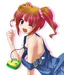  ;d bag brown_eyes brown_hair colorized handbag idolmaster idolmaster_(classic) long_hair naked_overalls one_eye_closed oofuji_wataru open_mouth overalls short_hair smile solo strap_slip takatsuki_yayoi thumbs_up twintails yosuke 