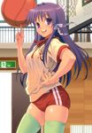  :d basketball bow buruma clannad face fujibayashi_kyou green_legwear hair_bow hand_on_hip hands long_hair looking_at_viewer open_mouth pairan purple_eyes purple_hair skindentation smile solo thighhighs zettai_ryouiki 