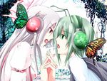  antennae bow bug butterfly butterfly_hair_ornament eye_contact face-to-face fujiwara_no_mokou green_eyes green_hair green_nails hair_bow hair_ornament headphones holding_hands insect long_hair looking_at_another magnet_(vocaloid) midori_(misuriru8) multiple_girls nail_polish open_mouth parody pink_nails red_eyes short_hair silver_hair touhou vocaloid wriggle_nightbug 