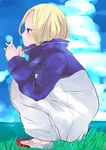  arakawa_under_the_bridge bad_id bad_pixiv_id blonde_hair blue_eyes cloud day grass jacket nino_(arakawa) pun2 sky solo squatting track_jacket 