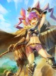  bike_shorts breastplate cape edobox gauntlets greaves lowleg midriff orange_eyes original pointy_ears purple_hair smile solo torn_clothes twintails 