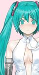  aqua_eyes aqua_hair blush breasts cleavage hatsune_miku hatsune_miku_(append) long_hair medium_breasts necktie solo twintails upper_body vocaloid vocaloid_append yurizuka_(sergeant_heart) 