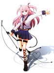  ahoge angel_beats! ankle_lace-up bad_id bad_pixiv_id belt choker cross cross-laced_footwear demon_tail heart long_hair microphone microphone_stand morino_kaede pink_eyes pink_hair school_uniform serafuku solo tail thigh_strap two_side_up yui_(angel_beats!) 