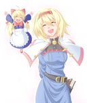  alice_margatroid arms_behind_back arms_up belt blonde_hair book closed_eyes doll happy hayagiri long_hair ribbon shanghai_doll short_hair smile solo touhou 