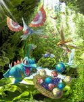  food forest gen_1_pokemon gen_2_pokemon gen_3_pokemon green grovyle hat light masquerain moss nature no_humans pidgeot pidgeotto pidgey pokemon pokemon_(creature) sleeping straw_hat sunlight totodile tree wartortle water waterfall zenmai_hizu 