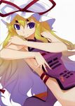  alternate_costume arm_hug bare_shoulders blonde_hair bow breasts colored_eyelashes eyebrows eyelashes gradient_hair hair_bow hands hat hat_ribbon highres medium_breasts multicolored_hair naked_tabard purple_hair ribbon shingo_(missing_link) sideboob smile solo tabard touhou yakumo_yukari 