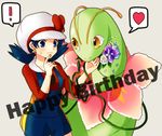  1girl antennae blue_eyes blue_hair cabbie_hat cosplay crystal_(pokemon) earrings english flower gen_2_pokemon happy_birthday hat hat_ribbon heart jewelry meganium mokorei overalls pokemon pokemon_(creature) pokemon_(game) pokemon_hgss pokemon_special red_ribbon ribbon simple_background surprised twintails yellow_eyes 