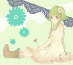  alternate_hairstyle bad_id bad_pixiv_id bangs bare_shoulders blue_eyes blush booota boots braid dress flower green_background green_hair gumi hair_flower hair_ornament holding holding_flower lace scarf short_hair side_braid sidelocks sitting socks solo striped striped_background vocaloid 