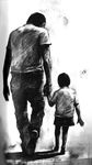  1girl child father_and_daughter greyscale harry_mason heather_mason height_difference highres holding_hands itou_masahiro monochrome novel official_art scan silent_hill silent_hill_1 silent_hill_3 