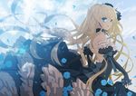  bare_shoulders blonde_hair blue blue_eyes bow breasts bridal_gauntlets choker cleavage dress dress_lift elbow_gloves fingerless_gloves flower frills gathers gloves gothic_lolita lolita_fashion long_hair mami_(apsaras) medium_breasts original profile rose solo too_many too_many_frills 