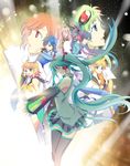  5girls aqua_eyes aqua_hair awami_kisa bad_id bad_pixiv_id blonde_hair blue_eyes blue_hair blue_scarf brown_eyes brown_hair green_hair gumi hair_ornament hair_ribbon hairclip hatsune_miku highres kagamine_len kagamine_rin kaito kamui_gakupo long_hair megurine_luka meiko multiple_boys multiple_girls necktie pink_hair ponytail purple_hair ribbon scarf short_hair skirt smile thighhighs twintails very_long_hair vocaloid zettai_ryouiki 