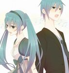  1girl aqua_hair bad_id bad_pixiv_id dual_persona earrings genderswap genderswap_(ftm) green_eyes hairband hatsune_miku hatsune_mikuo jewelry long_hair musical_note necktie noru_(lila2) open_mouth twintails vocaloid 