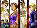  4girls arms_crossed belt blackfn blonde_hair blue_eyes bodysuit breasts brown_eyes brown_hair choker cleavage crossed_arms dark-skinned_female dark_skin dark_skinned_female dress earrings erect_nipples excella_gionne female fingerless_gloves fishneak gloves hair_bun jewelry jill_valentine kuro_fn long_hair multiple_girls necklace no_bangs open_mouth ponytail rebecca_chambers resident_evil resident_evil_5 sheva_alomar short_hair 