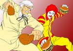  afro angry battle blue_eyes chicken_(food) clown colonel_sanders dual_wielding duel epic facepaint facial_hair fighting_stance food food_fight formal fried_chicken glasses goatee hamburger holding ikumo_taisuke jumpsuit kfc m.u.g.e.n male_focus mcdonald's multiple_boys old_man parody red_hair ronald_mcdonald string_tie suit white_hair 