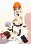  1girl =_= apron bad_id bad_pixiv_id blood brown_eyes dying_message glasses hair_ornament hairpin hamayumiba_sou inami_mahiru orange_hair short_hair takanashi_souta waitress working!! writing 