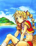  beads blonde_hair blue_eyes chin_rest chrono_cross crop_top derivative_work facial_mark gloves high_ponytail island jewelry kid_(chrono_cross) long_hair midriff multi-tied_hair necklace ocean ponytail solo tusia vest 