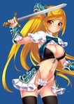  armor bikini_armor blonde_hair breasts cleavage earrings frilled_panties frills highleg highleg_panties jewelry kayou_(kayou-bi) large_breasts long_hair navel orange_eyes original panties smile solo sword thighhighs underwear weapon 