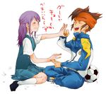  endou_mamoru inazuma_eleven inazuma_eleven_(series) kudou_fuyuka playing purple_hair uniform 